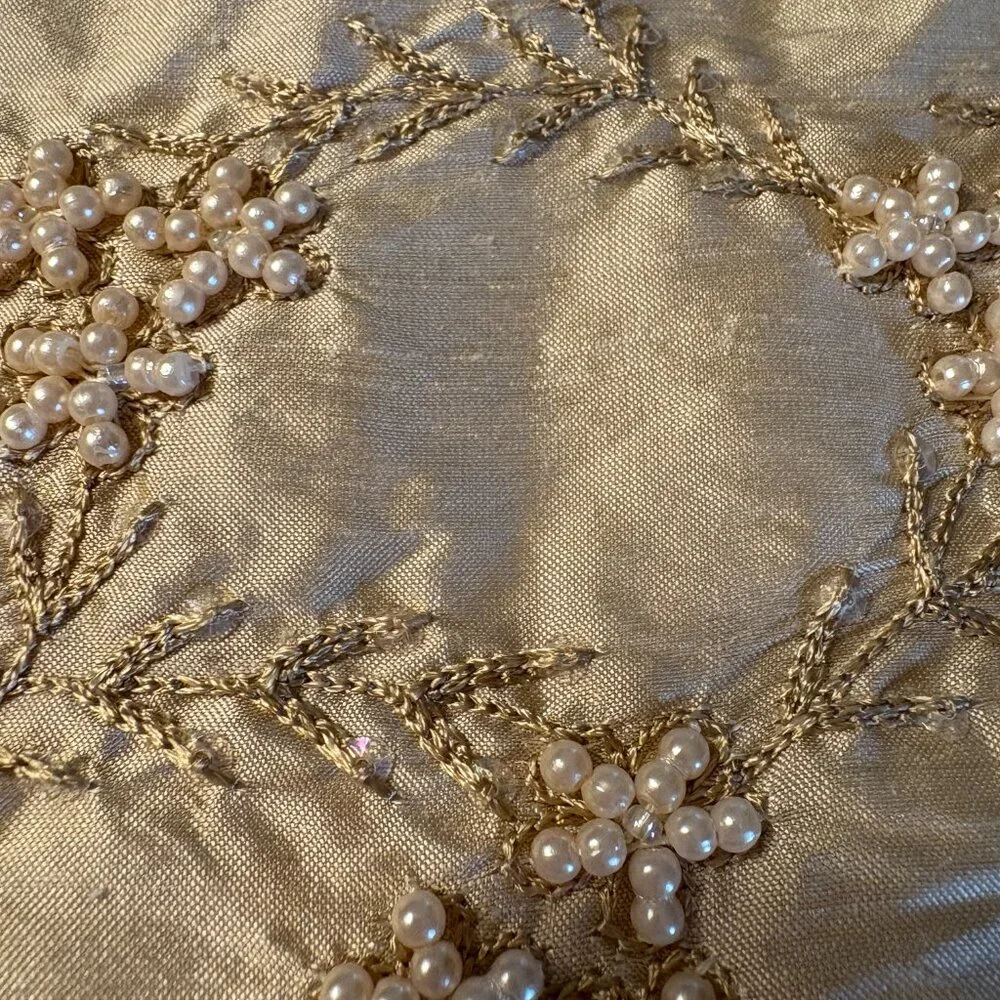 Bespoke Epidemy of Luxury Gold Silk, Pearl Beading King Bedspread Silk Lining